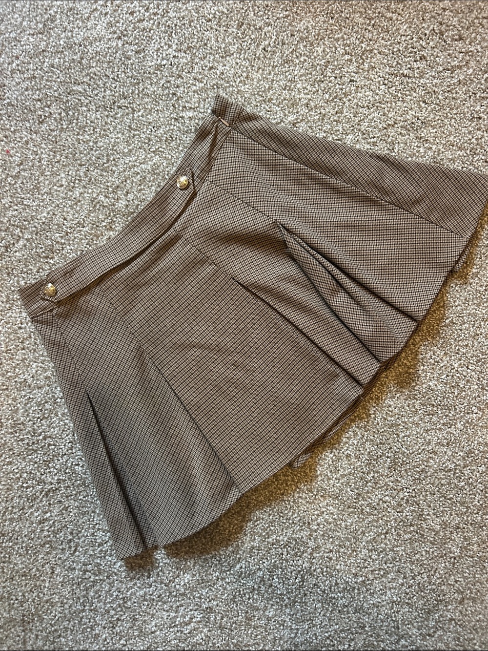 H&M Brown Plaid Pleated Skater Skirt with Gold Buttons